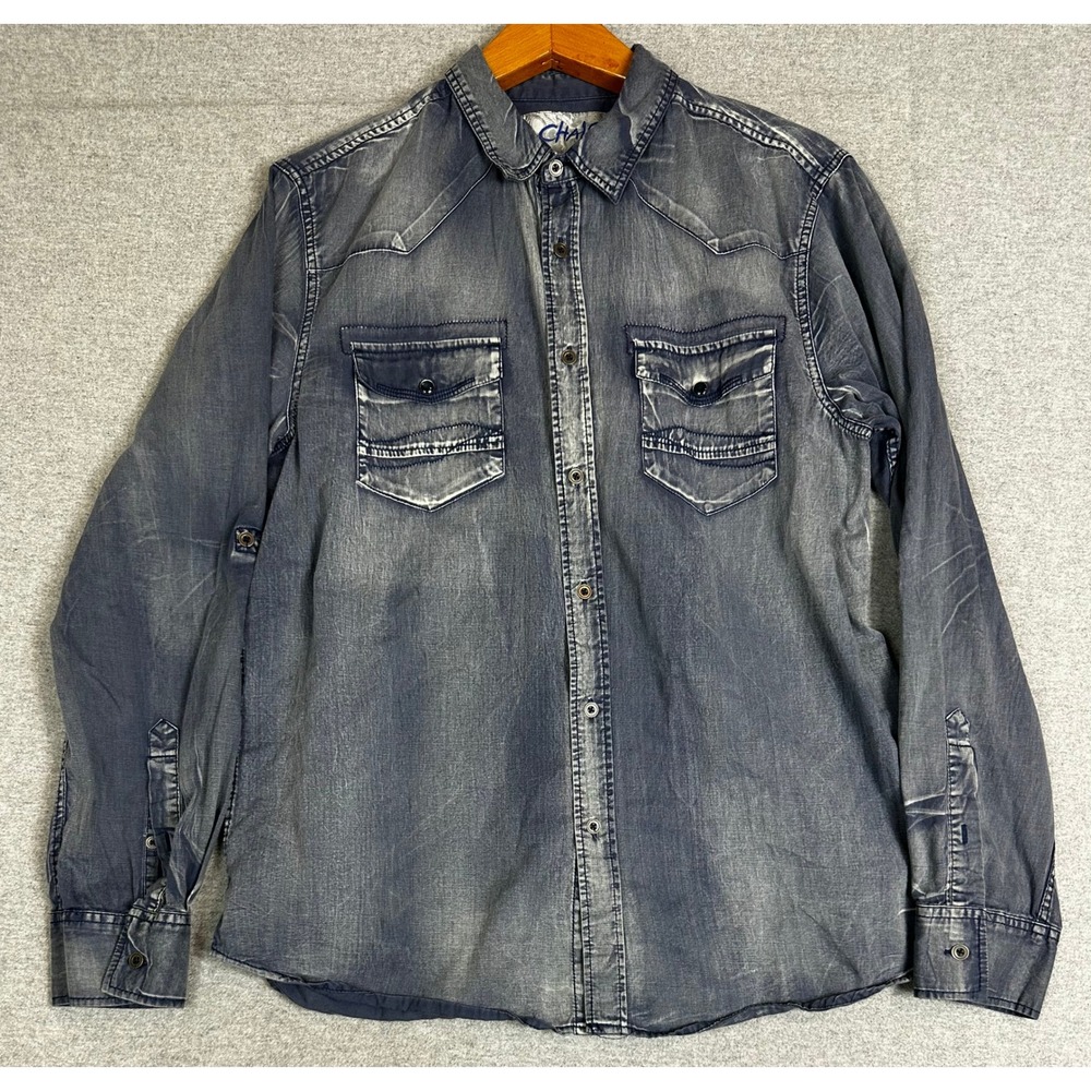 Vintage Chalc Chambray Shirt Mens XL Blue Long Sleeve Acid Wash Western Y2K